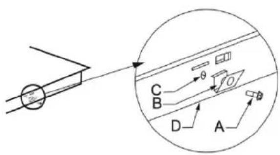 Diagram showing a mechanical setup with labeled components A, B, C, D and angle θ, including an inset view of a device with labeled points O.