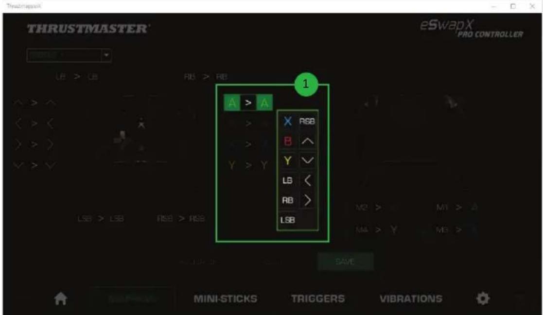 THRUSTMASTER eSwapX PRO CONTROLLER LE > LB RB > RB 1 A > A X RGB B ^ Y ✓ LB < RB > LSB M2 > M1 > A M4 > Y M3 > A MINI-STICKS TRIGGERS VIBRATIONS