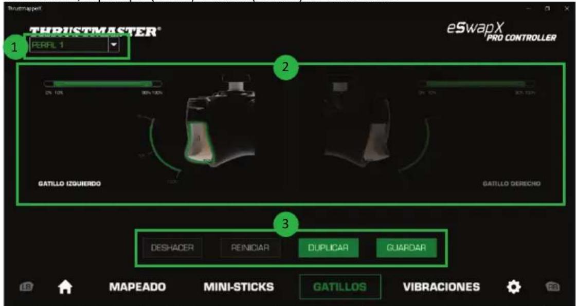 TURISTMASTER® PERFIL 1 eSwapX PRO CONTROLLER 1 2 GATILLO IZQUIERDO GATILLO DERECHO 3 DESHACER REINICIAR DUPPLICAR GUARDAR MAPEADO MINI-STICKS GATILLOS VIBRACIONES