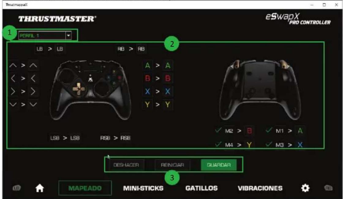 THRUSTMASTER® eSwapX PRO CONTROLLER 1 PERFIL 1 LB > LB RB > RB A > A B > B X > X Y > Y LSB > LSB RSB > RSB ✓ M2 > B ✓ M1 > A ✓ M4 > Y ✓ M3 > X DESHACER REINICAR GUARDAR MAPEADO MINI-STICKS GATILLOS VIBRACIONES