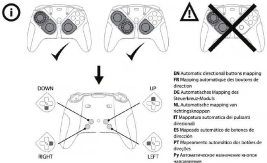 i ↓ DOWN UP RIGHT LEFT EN Automatic directional buttons mapping FR Mapping automatique des boutons de direction DE Automatisches Mapping des Steuerkreuz-Moduls NL Automatische mapping van richtingsknoppen IT Mappatura automatica dei pulsanti direzionali ES Mapeado automático de botones de dirección PT Mapeamento automático dos botões de direções Py Автоматическое назначение кнопок направления