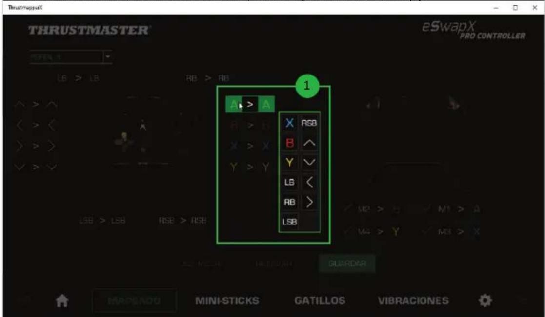 THRUSTMASTER® eSwapX PRO CONTROLLER LE > LB RB > RB A > A X RSB B ^ Y ✓ LB < RB > LSB LSB > LSB RSE > RSE M2 > Y M1 > A M4 > Y M3 > X GUARDIA MAPCADO MINI-STICKS GATILLOS VIBRACIONES