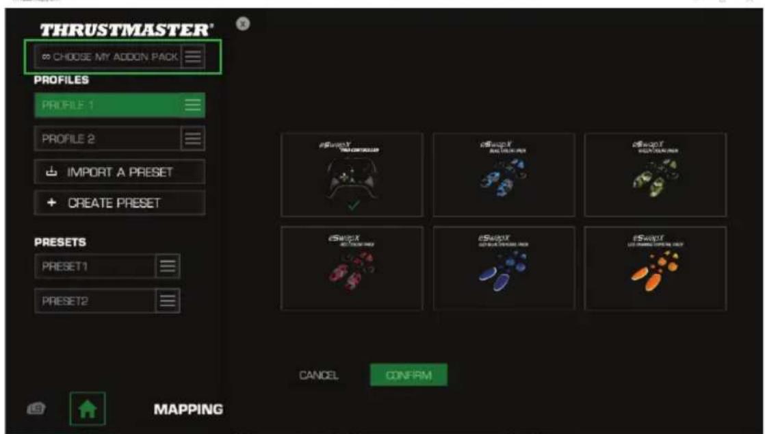 THRUSTMASTER® ° CHOOSE MY ADDON PACK PROFILES PROFILE 1 PROFILE 2 IMPORT A PRESET CREATE PRESET PRESETS PRESET1 PRESET2 MAPPING CANCEL CONFIRM