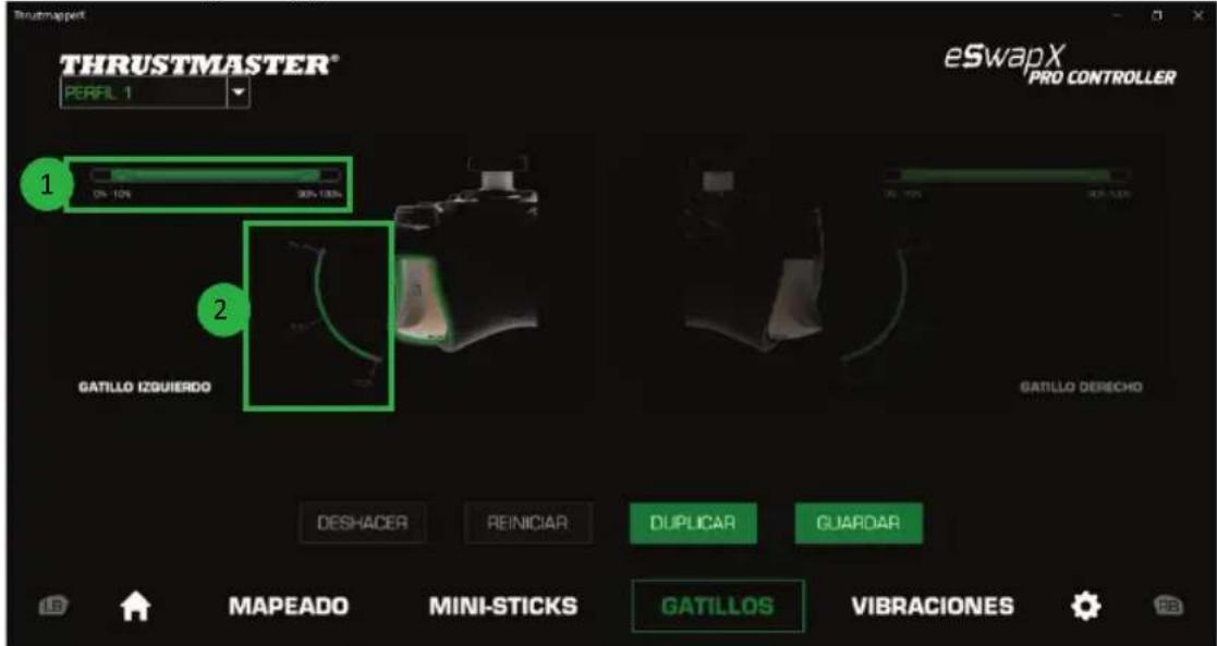 THRUSTMASTER® PERFIL 1 eSwapX PRO CONTROLLER 1 0% - 10% 30%-100% 2 GATILLO IZQUIERDO GATILLO DERECHO DESHACER REINICIAR DUPPLICAR GUARDAR MAPEADO MINI-STICKS GATILLOS VIBRACIONES