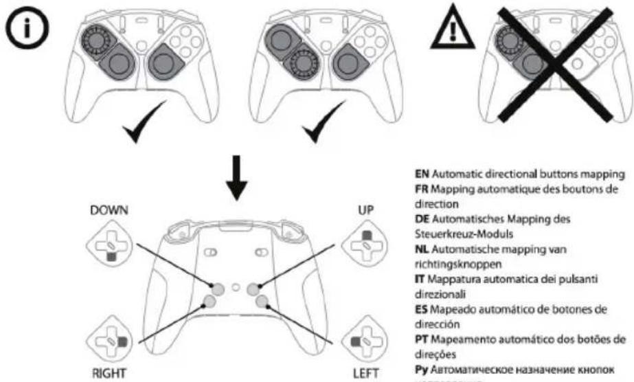 i ↓ DOWN UP RIGHT LEFT EN Automatic directional buttons mapping FR Mapping automatique des boutons de direction DE Automatisches Mapping des Steuerkreuz-Moduls NL Automatische mapping van richtingsknoppen IT Mappatura automatica dei pulsanti direzionali ES Mapeado automático de botones de dirección PT Mapeamento automático dos botões de direções Py Автоматическое назначение кнопок направление