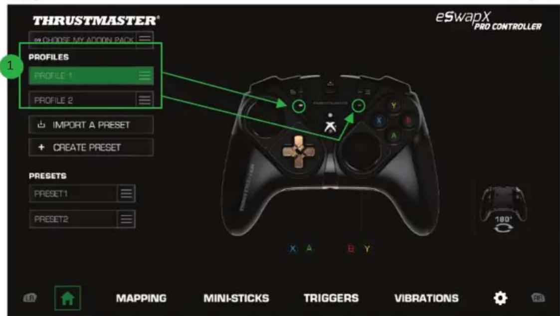 THRUSTMASTER® CHOOSE MY ADDON PACK PROFILES PROFILE 1 PROFILE 2 IMPORT A PRESET CREATE PRESET PRESETS PRESET1 PRESET2 eSwapX PRO CONTROLLER MAPPING MINI-STICKS TRIGGERS VIBRATIONS