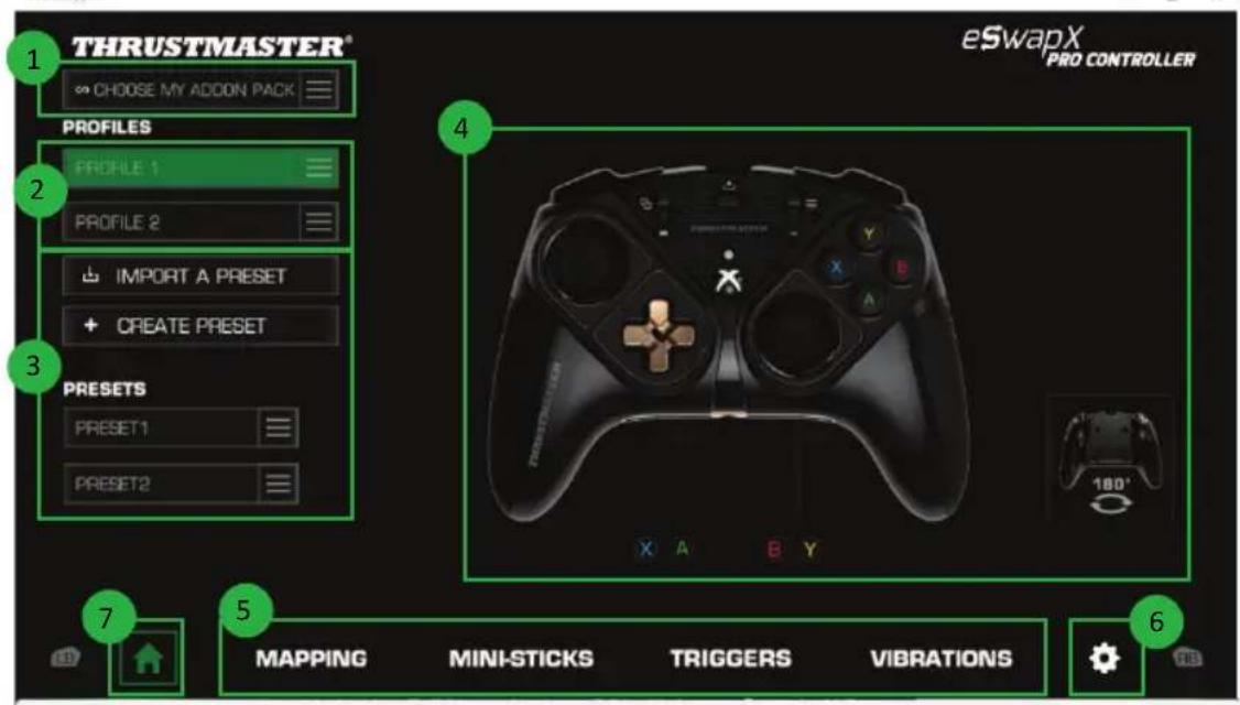 THRUSTMASTER® CHOOSE MY ADDON PACK PROFILES PROFILE 1 PROFILE 2 IMPORT A PRESET CREATE PRESET PRESETS PRESET1 PRESET2 eSwapX PRO CONTROLLER 7 5 MAPPING MINI-STICKS TRIGGERS VIBRATIONS 6