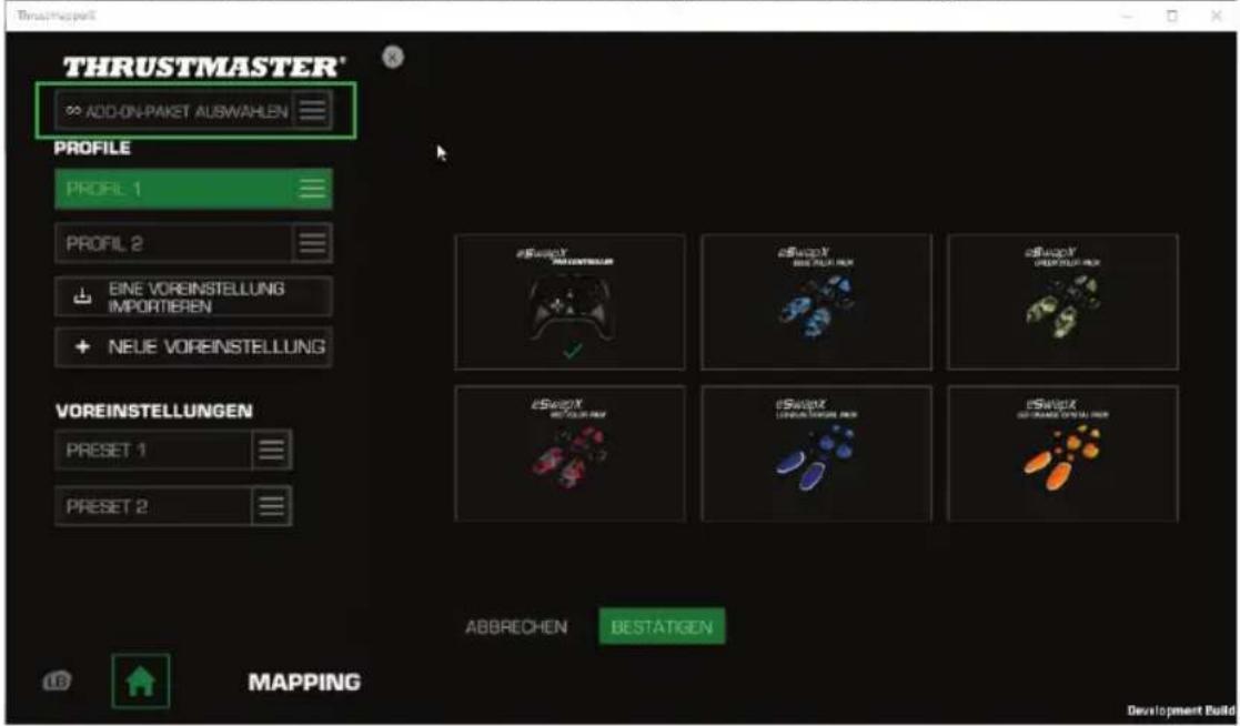 THRUSTMASTER® ADD-ON-PAKET AUSWAHLEN PROFILE PROFIL 1 PROFIL 2 EINE VOREINSTELLUNG IMPORTIEREN + NEUE VOREINSTELLUNG VOREINSTELLUNGEN PRESET 1 PRESET 2 ABBRECHEN BESTÄTIGEN MAPPING Development Build