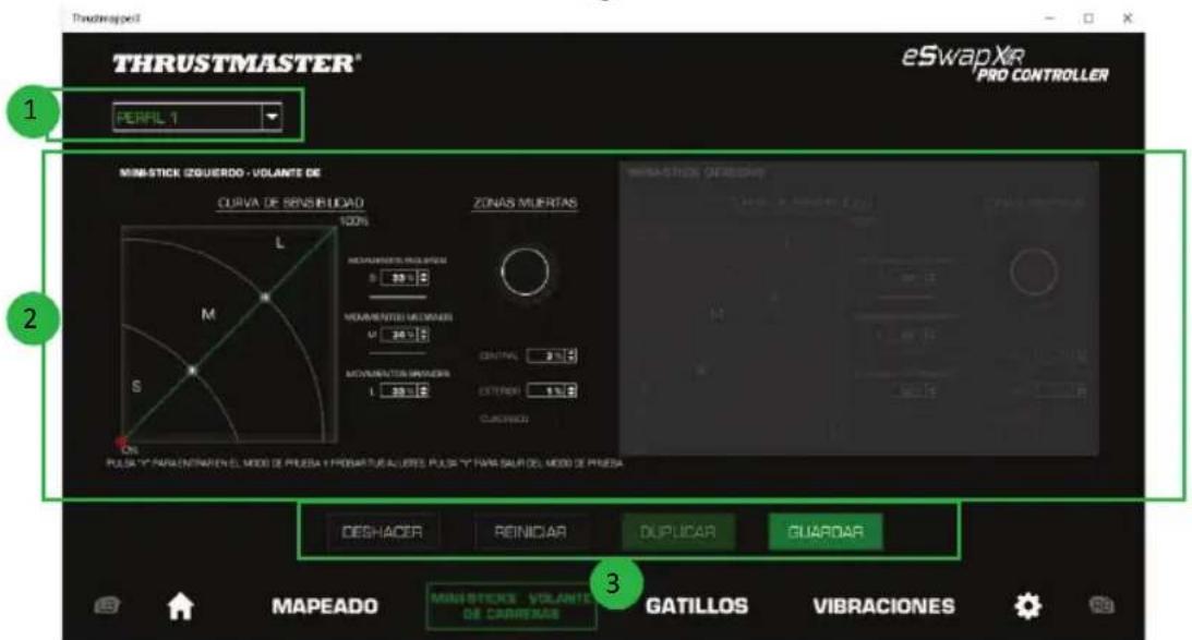 THRUSTMASTER® eSwapXir PRO CONTROLLER PERFL 1 MINISTICK (IZGUERDO - VOLANTE DE CURVA DE SENSIBILIDAD ZONAS MUERTAS MINISTICK (QUESION) L M S 100% MOVIMENTOS MAURDAR 25 % MOVIMENTOS MAURDAR 25 % MOVIMENTOS MAURDAR 25 % CONTROL 2 % OUTRADI 1 % CUSTINADO PULAY Y PARALENTARIO EL MODE DE PUEZA Y PROSPARTUS ALBERTE PULAY Y PARAL DEL MODE DE PUESA DESHACER REINICIAR DUPLICAR GUARDAR MAPEADO MINISTICKS VOLANTES DE CARRERAIS GATILLOS VIBRACIONES