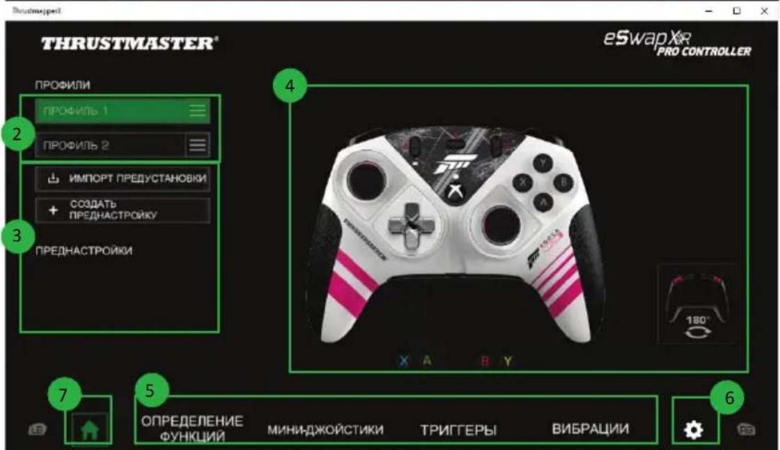 THRUSTMASTER® eSwapXR PRO CONTROLLER ПРОФИЛИ ПРОФИЛЬ 1 ПРОФИЛЬ 2 ИМПОРТ ПРЕДУСТАНОВКИ СОЗДАТЬ ПРЕДНАСТРОЙКУ ПРЕДНАСТРОЙКИ 4 7 5 ОПРЕДЕЛЕНИЕ ФУНКЦИЙ МИНИ-ДЖОЙСТИКИ ТРИГГЕРЫ ВИБРАЦИИ 6