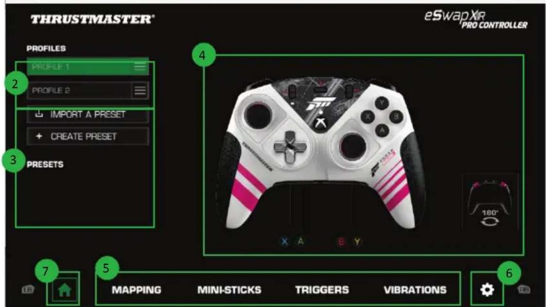 THRUSTMASTER® eSwapXR PRO CONTROLLER PROFILES PROFILE 1 PROFILE 2 IMPORT A PRESET CREATE PRESET PRESETS 4 7 5 6 MAPPING MINI-STICKS TRIGGERS VIBRATIONS