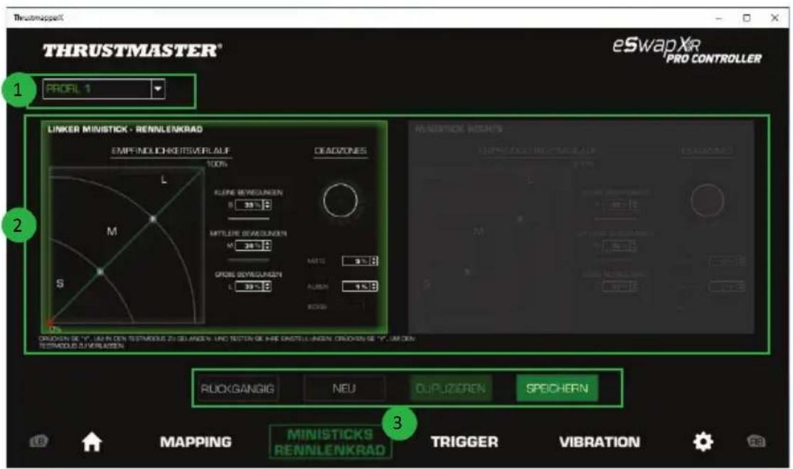 THRUSTMASTER® eSwapXR PRO CONTROLLER 1 PRORL 1 LINKER MINISTICK - RENNLENKRAD EMPFINDILCHKEITSVERLALIF DEAVIZONES 100% KLINE BEVÄGUNGEN 5 39 % MFTLERE BEVÄGUNGEN 4 39 % CROSE BEVÄGUNGEN 4 39 % MITS 3 % ALUM 4 % RUBG MINISTICK REACHS RUCKGANGIG NEU DUPLIZIGREN SPEICHERN 3 MAPPING MINISTICKS RENNLENKRAD TRIGGER VIBRATION