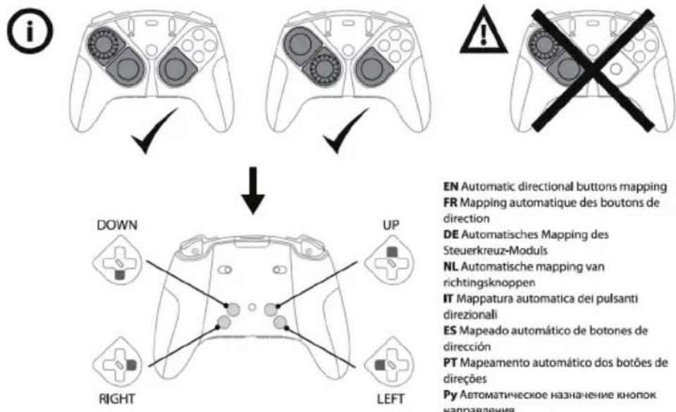 i ↓ DOWN UP RIGHT LEFT EN Automatic directional buttons mapping FR Mapping automatique des boutons de direction DE Automatisches Mapping des Steuerkreuz-Moduls NL Automatische mapping van richtingsknoppen IT Mappatura automatica dei pulsanti direzionali ES Mapeado automático de botones de dirección PT Mapeamento automático dos botões de direções Py Автоматическое назначение кнопок направления