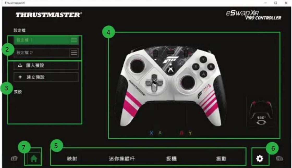 ThrustmappesX THRUSTMASTER® 設定檔 設定檔 1 設定檔 2 插入預設 建立預設 預設 eSwapXR PRO CONTROLLER 4 7 5 映射 迷你操縱杆 扳機 振動 6