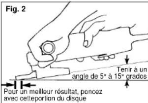 Fig. 2 Pour un meilleur résultat, poncez avec cette portion du disque Tenir à un angle de 5° à 15° grados