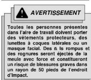 AVERTISSEMENT Toutes les personnes présentes dans l'âire de travail doivent porter des vêtements protecteurs, des lunettes à coques latérales ou un masque facial. Des a Is rompus et des rognures seront éjectés de la meule avec force et constitueront un risque de blessures graves dans un rayon de 50 pieds de l'endroit d'Impact.