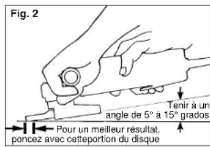 Fig. 2 Pour un meilleur résultat. poncez avec cette portion du disque Tenir à un angle de 5° à 15° grados