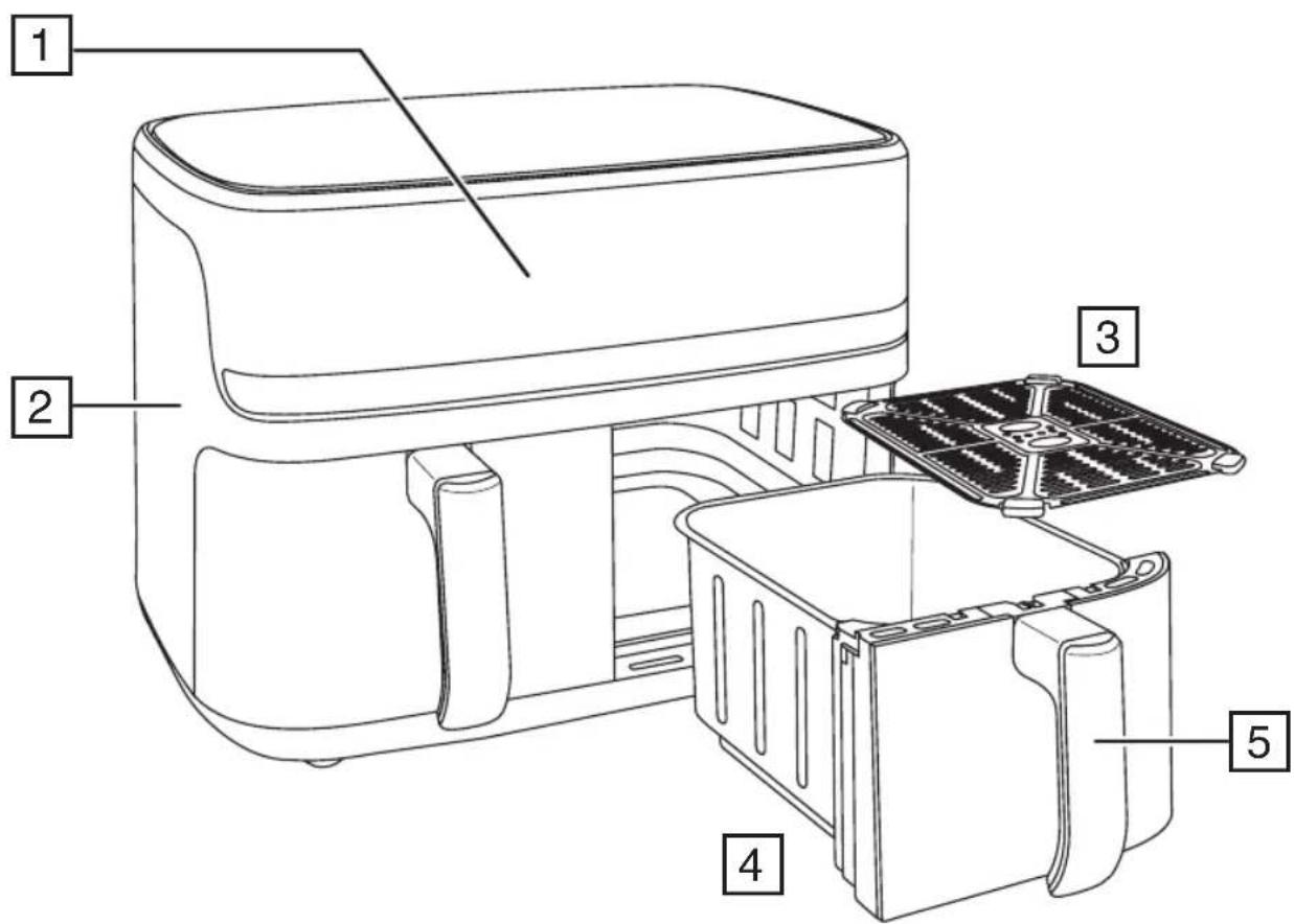 Technical diagram of a microwave oven with labeled components including air filter, battery pack, and fan assembly