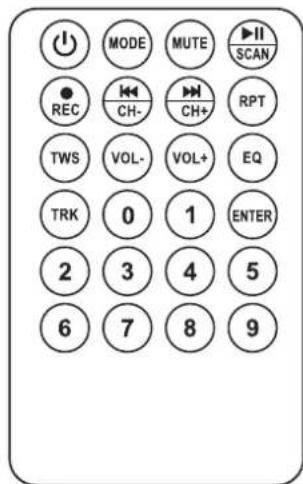 MODE MUTE ▶II SCAN REC CH- CH+ RPT TWS VOL- VOL+ EQ TRK 0 1 ENTER 2 3 4 5 6 7 8 9