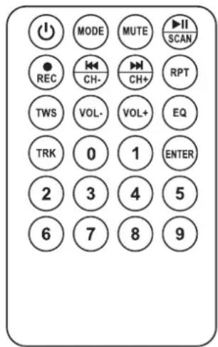 MODE MUTE ▶II REC CH- CH+ SCAN TWS VOL- VOL+ EQ TRK 0 1 ENTER 2 3 4 5 6 7 8 9