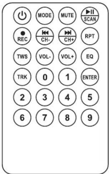 MODE MUTE ▶II SCAN REC CH- CH+ RPT TWS VOL- VOL+ EQ TRK 0 1 ENTER 2 3 4 5 6 7 8 9