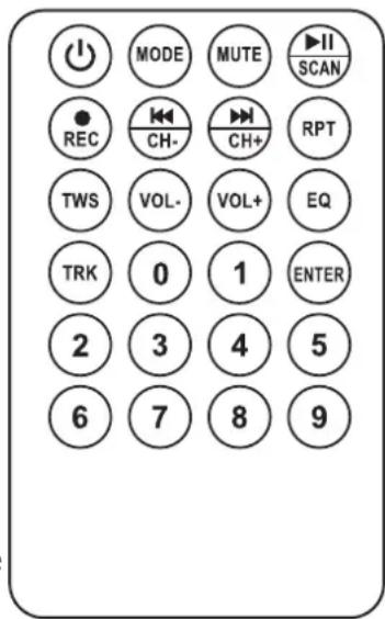 MODE MUTE SCAN REC CH- CH+ RPT TWS VOL- VOL+ EQ TRK 0 1 ENTER 2 3 4 5 6 7 8 9