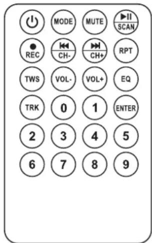 MODE MUTE ▶II SCAN REC CH- CH+ RPT TWS VOL- VOL+ EQ TRK 0 1 ENTER 2 3 4 5 6 7 8 9