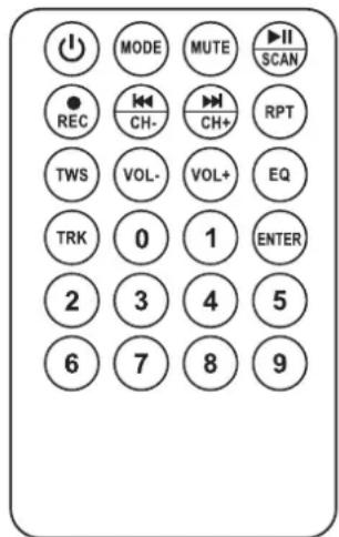 MODE MUTE ▶II REC CH- CH+ SCAN TWS VOL- VOL+ EQ TRK 0 1 ENTER 2 3 4 5 6 7 8 9