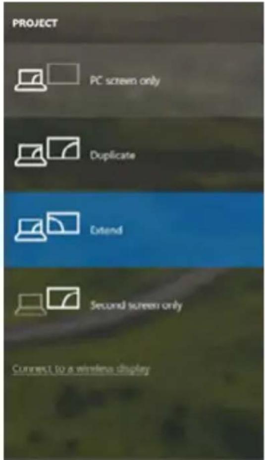 PROJECT PC screen only Duplicate Extend Second screen only Connect to a wireless display