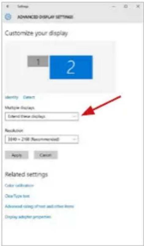 Settings ADVANCED DISPLAY SETTINGS Customize your display 1 2 Identity Correct Multiple displays. Extend these displays. Resolution 3040 × 2150 (Recommended) Apply Cancel Related settings Color calibration ClearType text Advanced rating of root and other items Display adopter properties