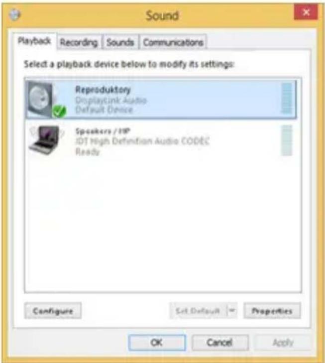 Sound Playback Recording Sounds Communications Select a playback device below to modify its settings: Reproduktory DisplayLink Audio Default Device Speakers / 3HP JDT High Definition Audio CODEC Ready Configure Set Default Properties OK Cancel Apply