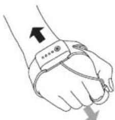 Diagram showing hand holding a wearable device with directional arrows indicating movement or force