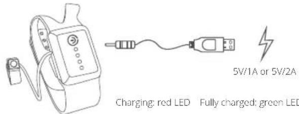 5V/1A or 5V/2A Charging: red LED Fully charged: green LED