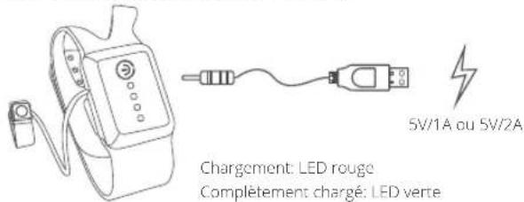5V/1A ou 5V/2A Chargement: LED rouge Complètement chargé: LED verte