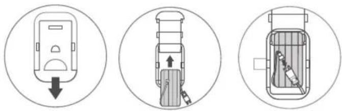 Diagram showing three steps of a device lock or latch mechanism with directional arrows indicating movement.