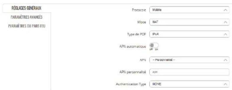 RÉGLAGES GÉNÉRAUX PARAMÉTRES AVANGES PYRANÈRES DU PARIE-FEU Protocoe Mobile Mode IAT Type de PCP Pv4 APN automatique APN - Personnalité -- APN personnalisé apn Authentication Type NONE