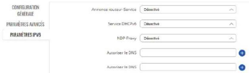 CONFIGURATION GÉNÉRALE PARAMÈRES AVANCES PARAMÈRES IPV6 Annence routeur-Service Déactivé Service DHCPv6 Déactivé NDP-Proxy Déactivé Autoriser le DNS Autoriser le DNS
