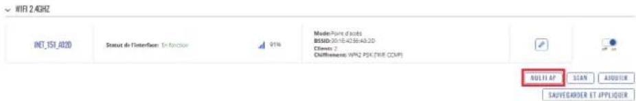 WIFI 2.4GHz NET_151_A20 Status de l'interface: En fonction 91% Mode/Tone d'acte BSSD-201E-K2SE-A3.2D Classin 2 Chiffenement: WPZ PSL (TUE CCM) MULTI AP SCAN ADQUIS SAUVEGARDER ET APPLIQUER