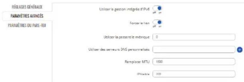 RÉILAGES GÉNÉRAUX PARAMÈTRES AVINÇÉS PARAMÈTRES DU PARÉ-FEU Utiliser la gestion intégrée d'IPrV6 Forcer le lien Utiliser la passéré le métrique: Utiliser des serveurs DNS personnalisés: Remplacer MTU 1500 IPlicable 300