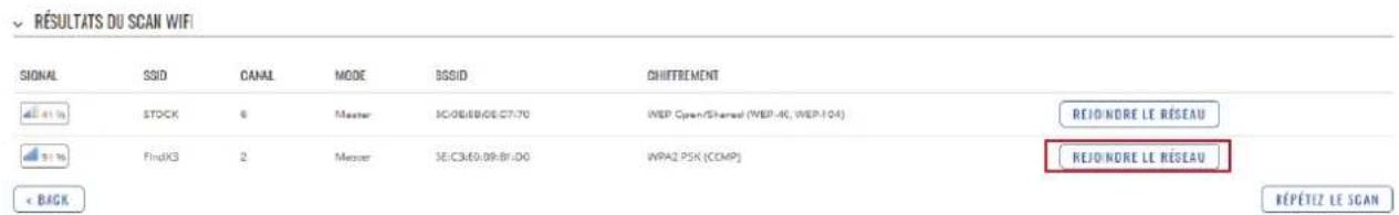 RÉSULTATS DU SCAN WIFI SIGNAL SSID CANAL MODE BSSID CHIFFREMENT 41 Kg STOCK 6 Master 3C/06/09/06/07:70 WEP Open/Shared (WEP-AC, WEP-104) REJÔNORE LE RÉSEAU 51 Kg Finds3 2 Masser 3E/C3/E9/09/B1:00 WPA2 PSK (COMP) REJÔNORE LE RÉSEAU < BACK RÉPÉTIZ LE SCAN