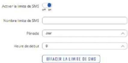 Activer la limite de SMS Nombre limite de SMS Période Jour Heure de début 0 EFFACER LA LIMITE DE SMS