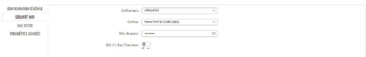 CONFIGURATION GÉNÉRALE SÉCURITÉ WIFI MAC FILTER PYRAMÉTHES AVIANDÉS Chiffrement: WPACPSK Chiffier: Forte TKIP #COMP (AES) Mod. de passe :**** 802.1 Ir Fast Transition