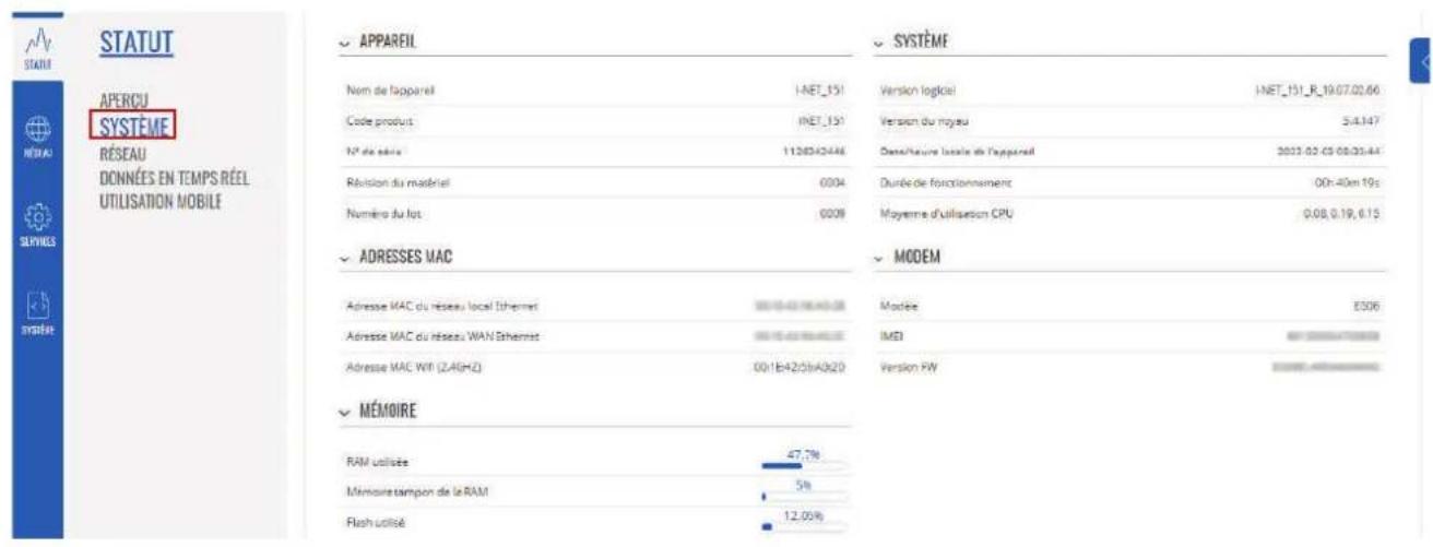 STATUT APERCU SYSTÈME RÉSEAU DONNÉES EN TEMPS RÉEL UTILISATION MOBILE AppAREIL Nom de l'appareil Code produit N° de série Révision du matériel Numéro du lot ADRESSES MAC Adresse MAC du réseau local Ethernet Adresse MAC du réseau WAN Ethernet Adresse MAC WIT (2.4GHz) MÉMOIRE RAM utilisée Mémoire tampon de la RAM Flash utilisé SYSTÈME Version logiciel Version du nouveau Date/Time locale de l'appareil Durée de fonctionnement Moyenne d'utilisation CPU MODEM Modée IMEI Version RW