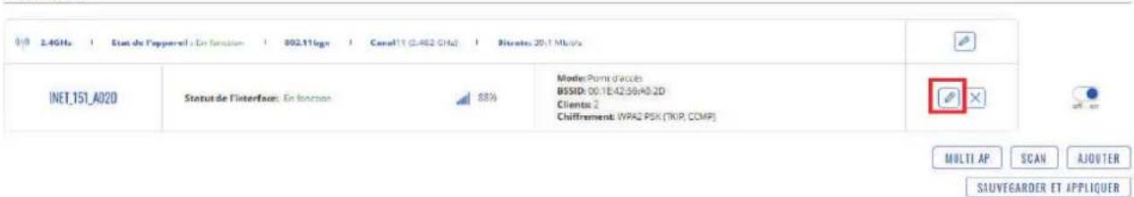 2.4GHz | Etat de l'appareil : En fonction | 892.11(log) | Canal11 (2.462 GHz) | Pétrotes 30,1 MHz INET_151_A020 Statut de l'interface: En fonction 88% Mode: Point d'accès BSSID: 06.1E-42.56/A0.2D Clients: 2 Chiffrement: WPAZ PSK (TKIP, COMP) MULTI AP SCAN AJOUTER SAUVEGARDER ET APPLIGUER