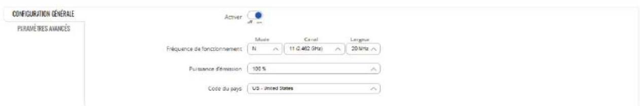CONFIGURATION GÉNÉRALE PRAMÈTRES AVANCES Active Moule Canal Largue Fréquence de fonctionnement N 11 (2.482.0Hz) 20 MHz Puissance d'émission 100 % Code du pays US - United States