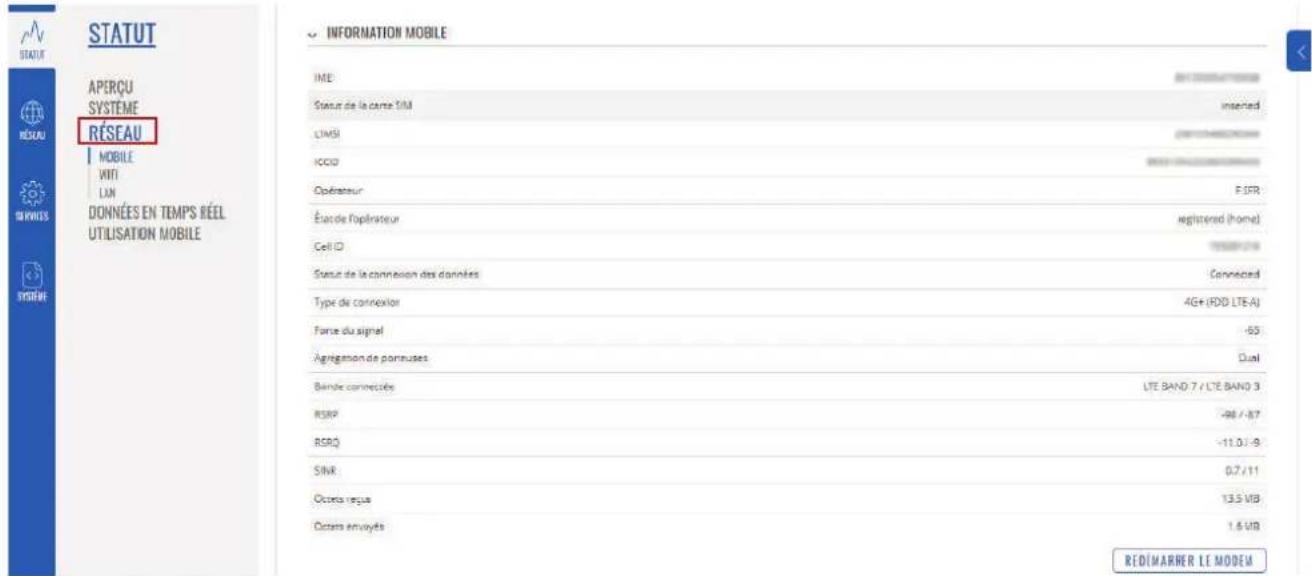 STATUT APERQU SYSTÈME RÉSEAU MOBILE VITI LAN DONNÉES EN TEMPS RÉEL UTILISATION MOBILE INFORMATION MOBILE IME: Status de la carte SIM inserted LIMSI ICCI Opérateur Étacde l'opérateur Cell CI Status de la connexion des données Type de connéciés Force du signal Agrégation de portuées Bainle connéciés RSRP RSRO SINR Octela regue Octela envoyés RÉD/MARRER LE MODEM