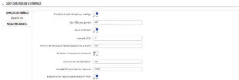 CONFIGURATION DE L'INTERFACE CONFIGURATION GÉNÉALE décurant que PARAMÈRES AVANCES Transferir le traffic des pairs et mailages Seul RSS pour jouins -80 Court pénitoux Intervalle DTS Intervalle de temps pour la récompaction des cés DTS Décaîner l'information d'énergie Limme d'intervale de la multipro Intervalle d'égoise maximum autoiure Décaîner en casatéouaste de réception-Main
