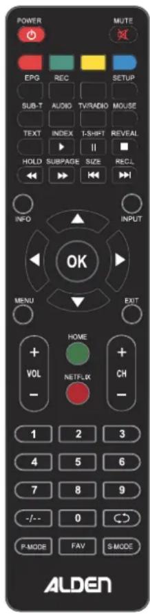 POWER EPG REC SETUP SUB-T AUDIO TV/RADIO MOUSE TEXT INDEX T-SHIFT REVEAL HOLD SUBPAGE SIZE RECL INFO INPUT OK MENU EXIT VOL HOME NETFLIX CH 1 2 3 4 5 6 7 8 9 -/- 0 P-MODE FAV S-MODE ALDEN