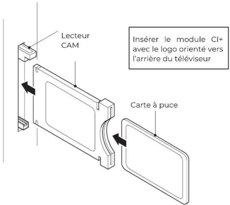 Lecteur CAM Insérer le module Cl+ avec le logo orienté vers l'arrière du téléviseur Carte à puce