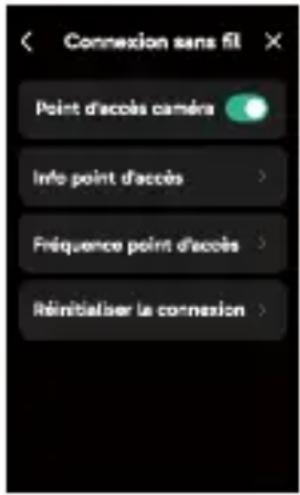 Connexion sans fil Point d'accès caméra Info point d'accès Fréquence point d'accès Réinitialiser la connexion